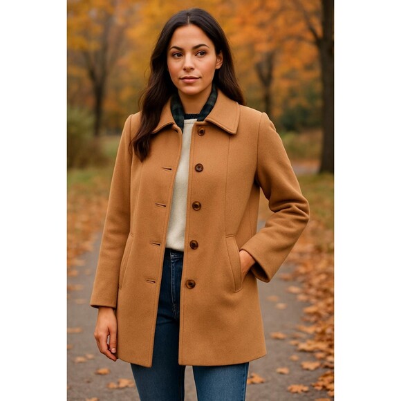Vintage Camel Wool Coat 70s 80s Jacket Plaid Lined Winter Coat Women’s S-M